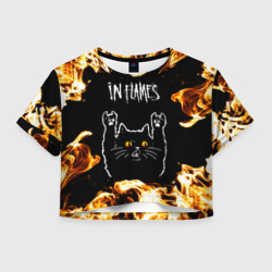 Женская футболка Crop-top 3D In Flames рок кот и огонь
