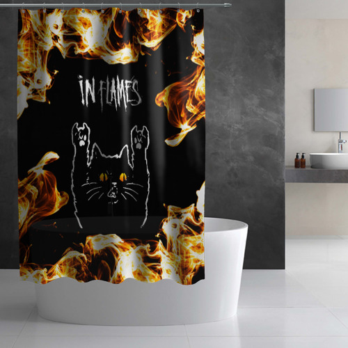 Штора 3D для ванной In Flames рок кот и огонь - фото 3