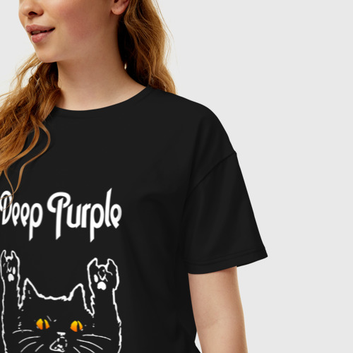 Женская футболка хлопок Oversize Deep Purple rock cat, цвет черный - фото 3