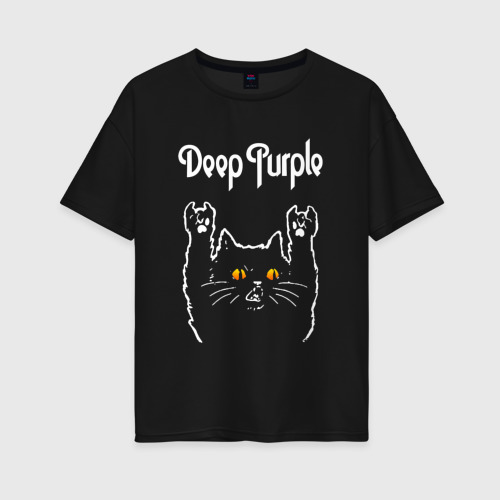 Женская футболка хлопок Oversize Deep Purple rock cat, цвет черный
