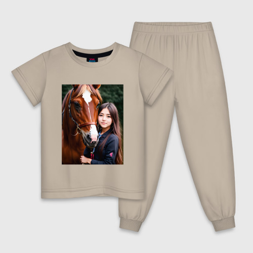 Детская пижама хлопок с принтом Девочка с лошадью, вид спереди #2