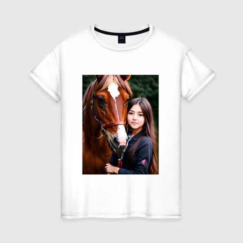 Женская футболка из хлопка с принтом Девочка с лошадью, вид спереди №1