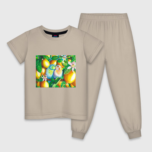 Детская пижама хлопок Попугаи в лимонах, цвет миндальный