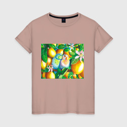 Женская футболка хлопок Попугаи в лимонах
