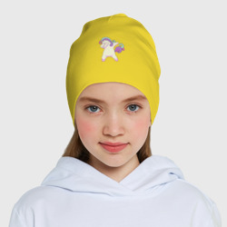 Шапка с принтом Unicorn dab для ребенка, вид на модели спереди №4. Цвет основы: желтый