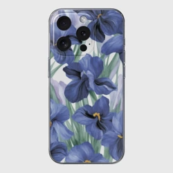 Чехол для iPhone 15 Pro Max силиконовый с защитой камеры Голубые ирисы