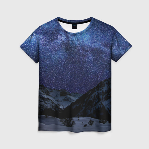 Женская футболка 3D с принтом Снежные горы и космос, вид спереди #2