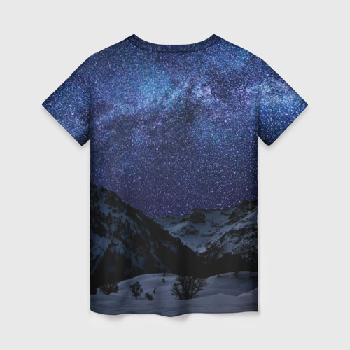 Женская футболка 3D с принтом Снежные горы и космос, вид сзади #1