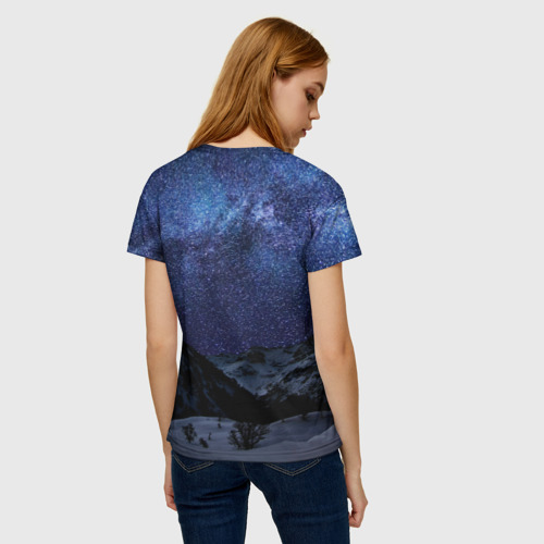 Женская футболка 3D с принтом Снежные горы и космос, вид сзади #2
