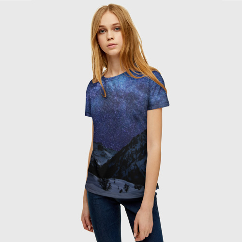 Женская футболка 3D с принтом Снежные горы и космос, фото на моделе #1