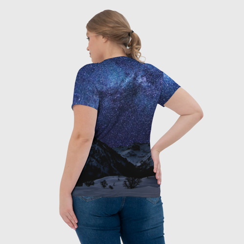 Женская футболка 3D с принтом Снежные горы и космос, вид сзади #2