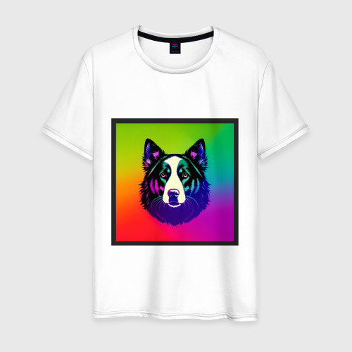 Мужская футболка из хлопка с принтом Неоновая собака: аусси, вид спереди №1