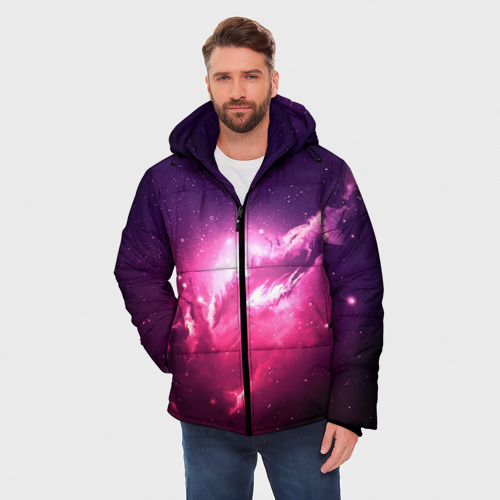 Мужская зимняя куртка 3D с принтом Розовое сияние в космосе, фото на моделе #1
