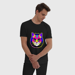 Мужская пижама хлопок Разноцветный неоновый кот - фото 2