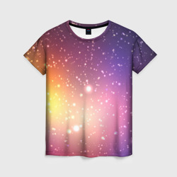 Женская футболка 3D Желто фиолетовое свечение и звезды