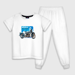 Детская пижама хлопок Ретро мотоцикл акварелью