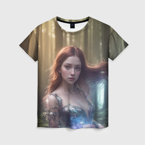 Женская футболка 3D с принтом Девушка в лесу, вид спереди #2