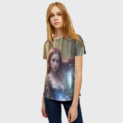 Женская футболка 3D с принтом Девушка в лесу, фото на моделе #1
