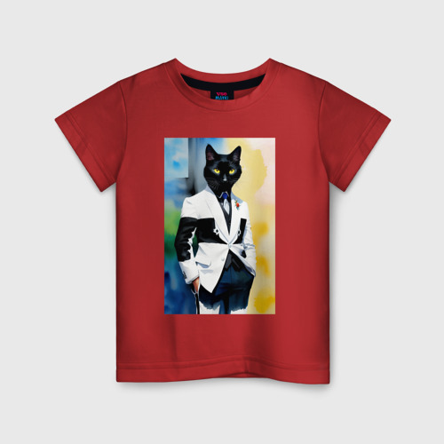 Детская футболка хлопок с принтом Модный чёрный кот-джентльмен - мем, вид спереди #2