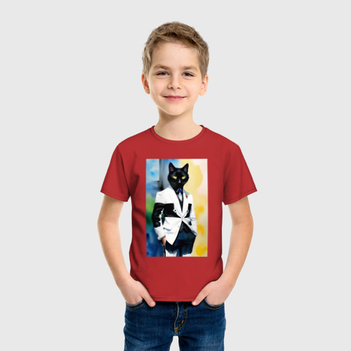 Детская футболка хлопок с принтом Модный чёрный кот-джентльмен - мем, фото на моделе #1