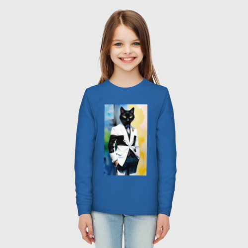 Детский лонгслив хлопок с принтом Модный чёрный кот-джентльмен - мем, вид сбоку #3