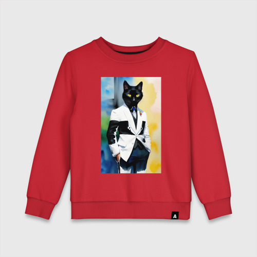 Детский свитшот хлопок с принтом Модный чёрный кот-джентльмен - мем, вид спереди #2
