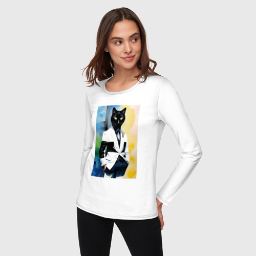Женский лонгслив хлопок с принтом Модный чёрный кот-джентльмен - мем, фото на моделе #1