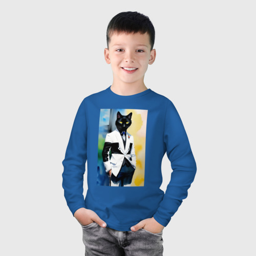 Детский лонгслив хлопок с принтом Модный чёрный кот-джентльмен - мем, фото на моделе #1
