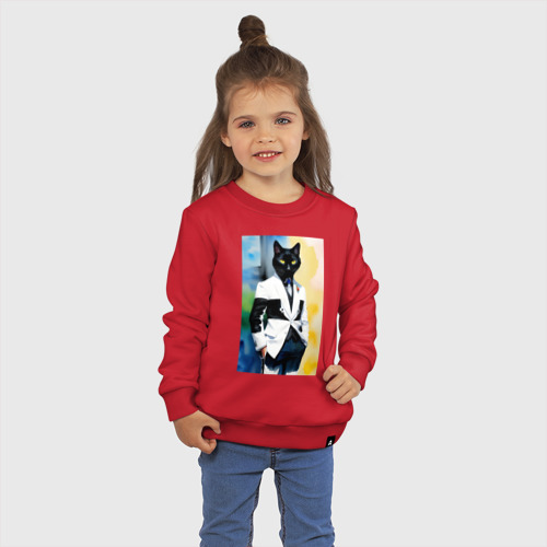 Детский свитшот хлопок с принтом Модный чёрный кот-джентльмен - мем, фото на моделе #1