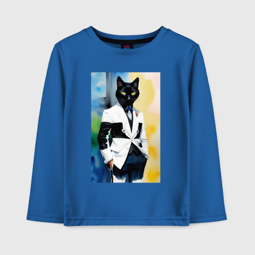 Детский лонгслив хлопок с принтом Модный чёрный кот-джентльмен - мем, вид спереди #2