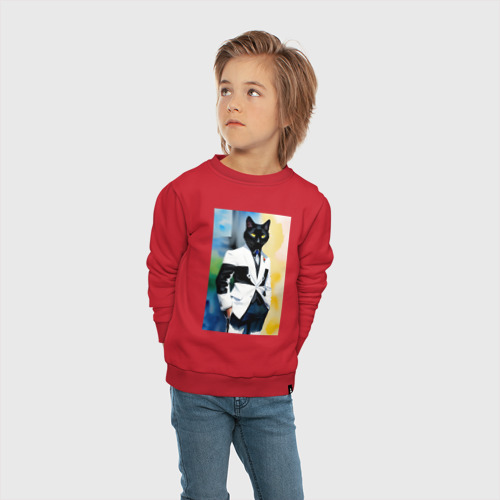 Детский свитшот хлопок с принтом Модный чёрный кот-джентльмен - мем, вид сбоку #3