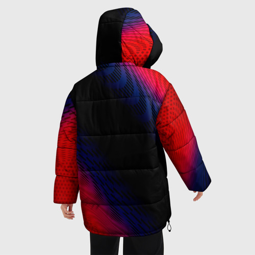 Женская зимняя куртка 3D с принтом Genesis красный карбон, вид сзади #2