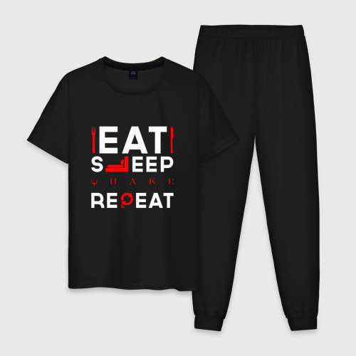 Мужская пижама хлопок Надпись eat sleep Quake repeat, цвет черный