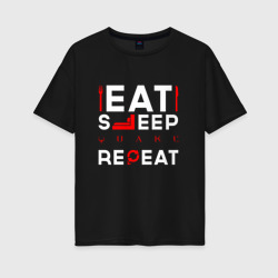 Женская футболка хлопок Oversize Надпись eat sleep Quake repeat