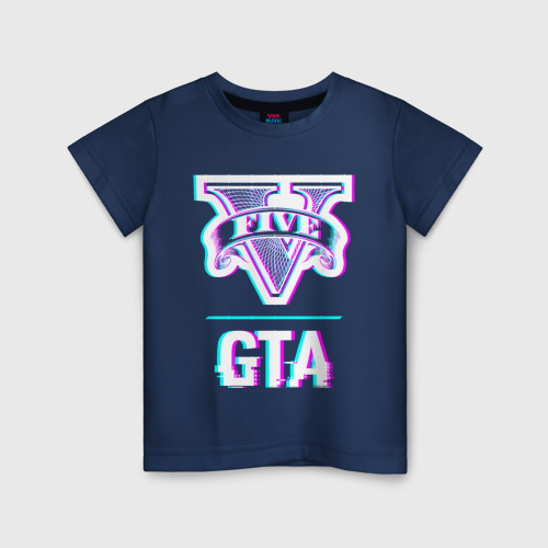 Светящаяся детская футболка с принтом GTA в стиле glitch и баги графики, вид спереди №1