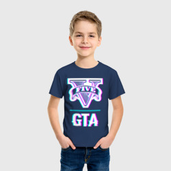 Светящаяся футболка с принтом GTA в стиле glitch и баги графики для любого человека, вид спереди №2. Цвет основы: темно-синий