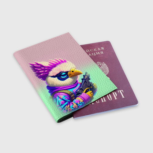 Обложка для паспорта матовая кожа Странная птица с оружием, цвет черный - фото 3