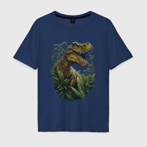 Мужская футболка хлопок Oversize с принтом Тираннозавр Рекс в джунглях, вид спереди #2