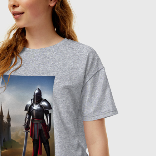 Женская футболка хлопок Oversize Рыцарь на фоне замка, цвет меланж - фото 3