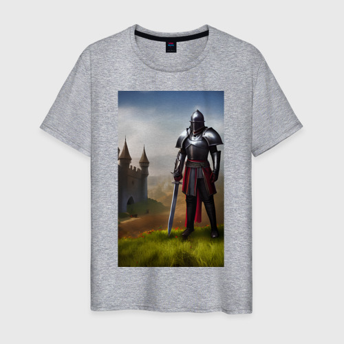 Мужская футболка хлопок Рыцарь на фоне замка, цвет меланж