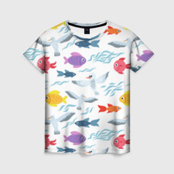 Женская футболка 3D Рыбы и чайки