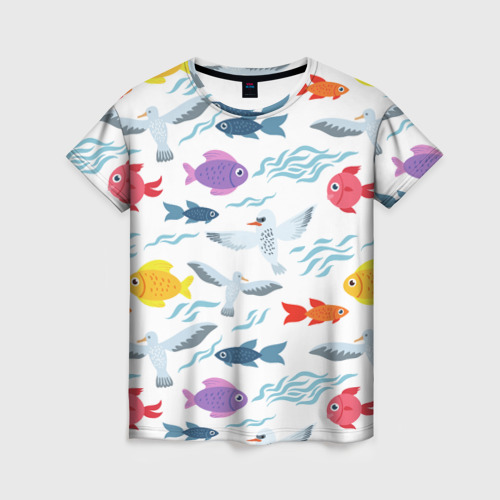Женская футболка с принтом Рыбы и чайки, вид спереди №1