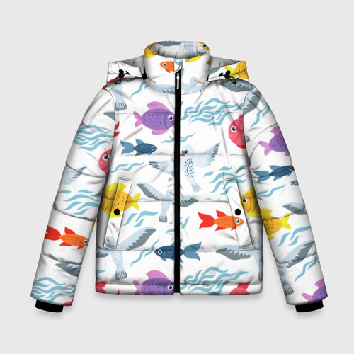 Зимняя куртка для мальчиков 3D с принтом Рыбы и чайки, вид спереди #2