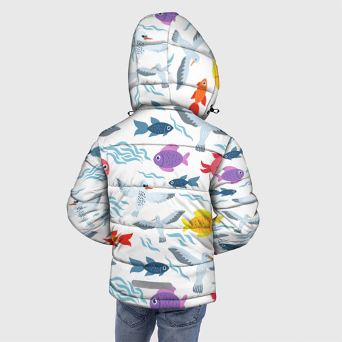 Зимняя куртка для мальчиков 3D с принтом Рыбы и чайки, вид сзади #2
