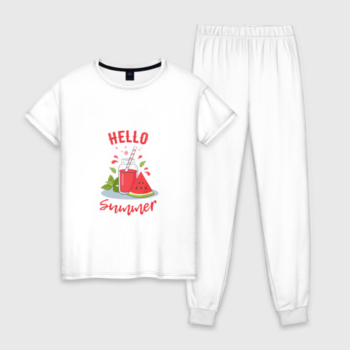 Женская пижама хлопок Hello summer и сочный смузи из арбуза с базиликом, цвет белый