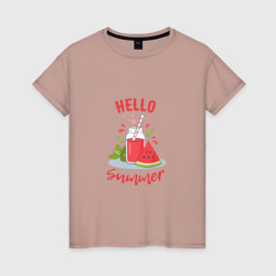 Женская футболка хлопок Hello summer и сочный смузи из арбуза с базиликом