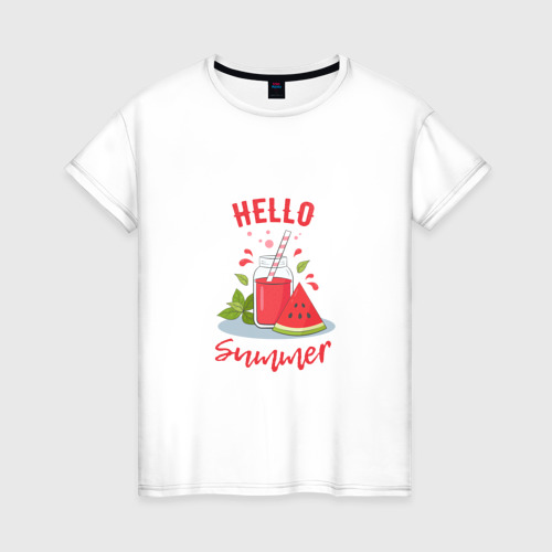 Женская футболка из хлопка с принтом Hello summer и сочный смузи из арбуза с базиликом, вид спереди №1