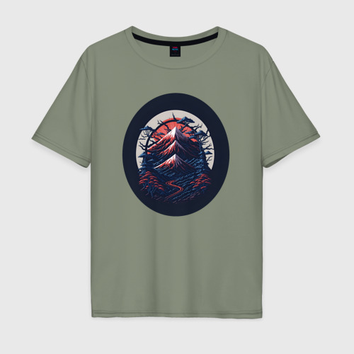 Мужская футболка хлопок Oversize Японский рассвет в горах, цвет авокадо