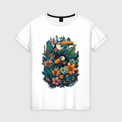 Женская футболка хлопок Туканы и тропические цветы: арт нейросети, цвет белый