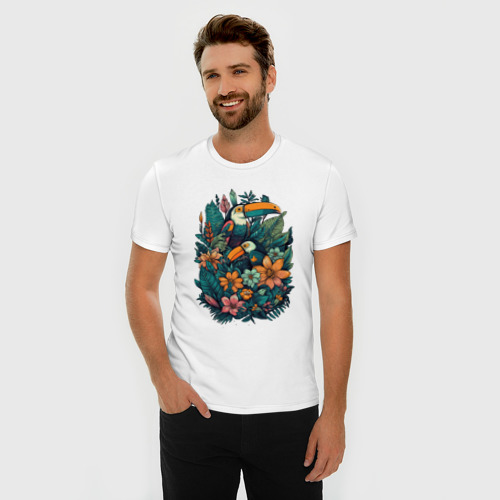 Мужская футболка хлопок Slim с принтом Туканы и тропические цветы: арт нейросети, фото на моделе #1
